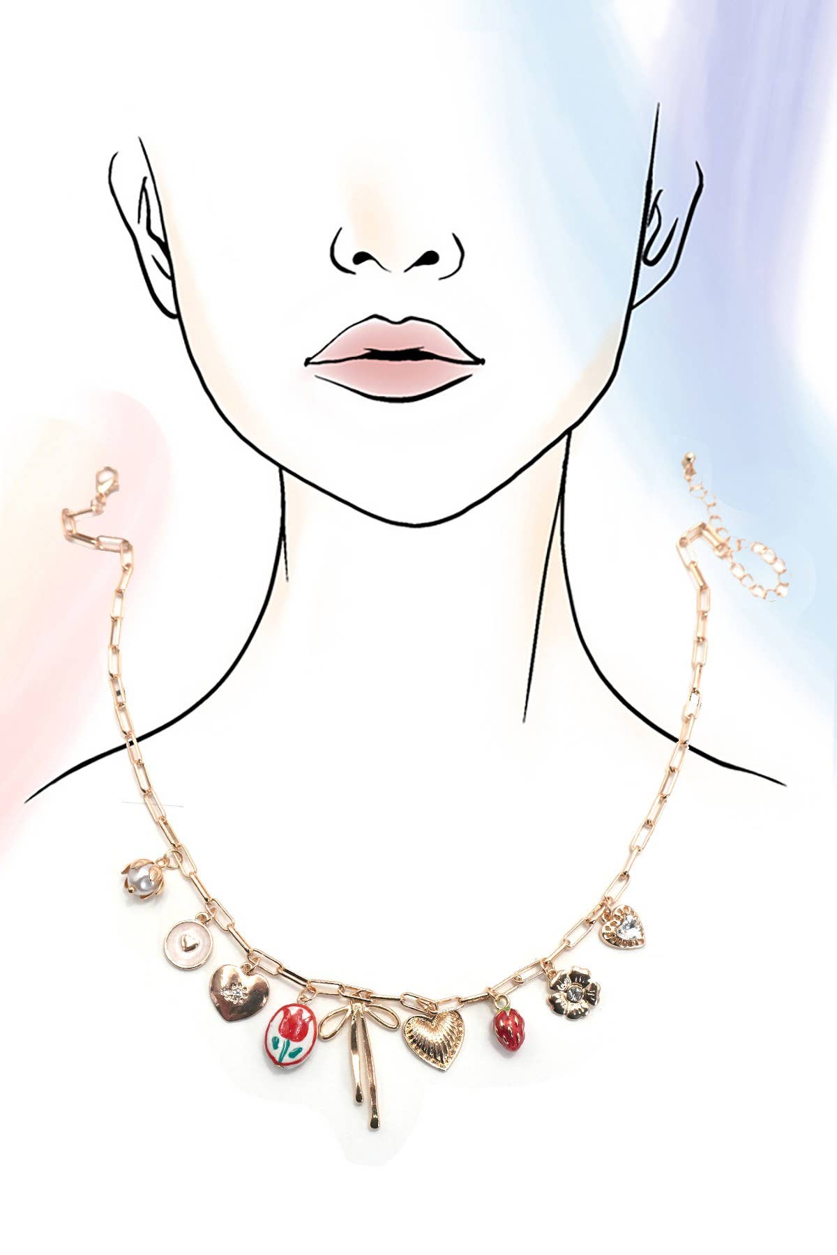 CHARM NECKLACE-BOW TOILE FLORAL HEART RHINESTONE