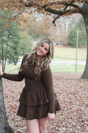 Chocolate Long Sleeve Ruffled Dress