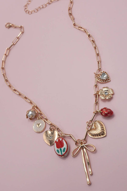 CHARM NECKLACE-BOW TOILE FLORAL HEART RHINESTONE