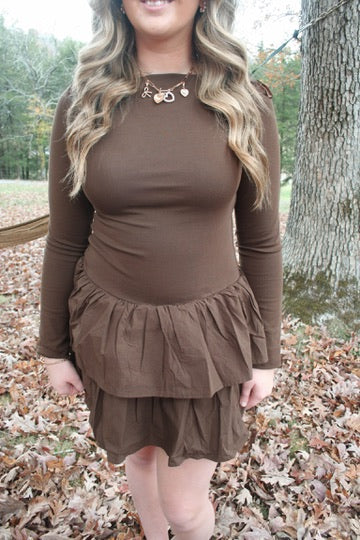 Chocolate Long Sleeve Ruffled Dress