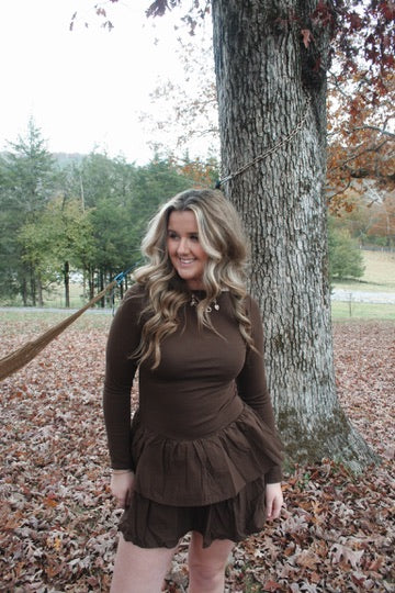 Chocolate Long Sleeve Ruffled Dress